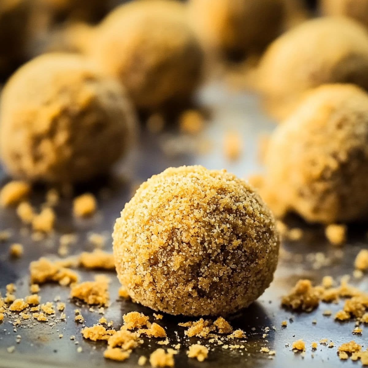 Moose farts recipe coating step showing single ball covered in graham cracker crumbs with scattered crumbs, demonstrating perfect no-bake coating technique