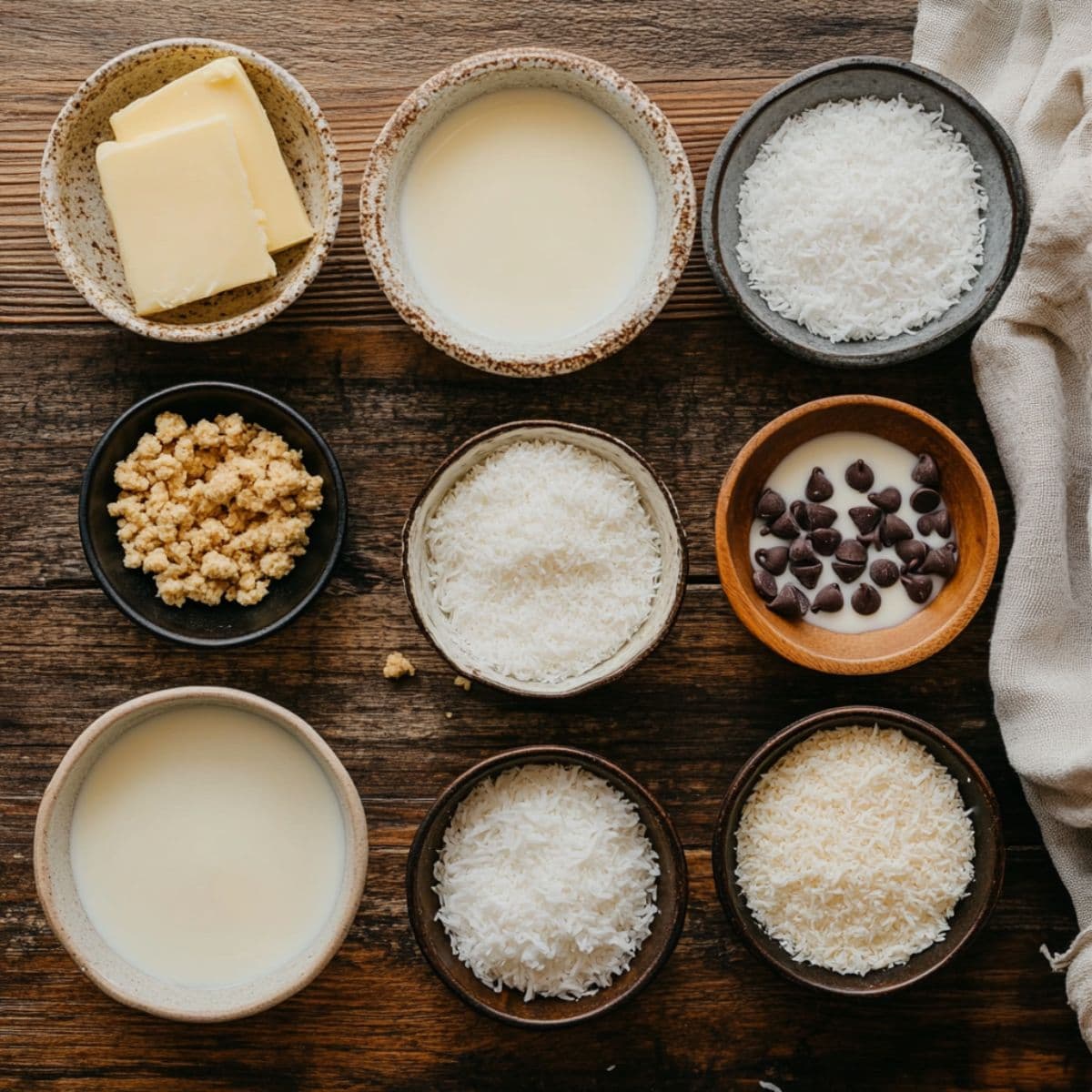 Moose farts recipe ingredients arranged in bowls on wooden surface including butter, condensed milk, coconut, graham cracker crumbs, and chocolate chips for no-bake treats