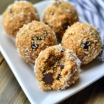 Moose farts recipe results showing perfect golden coconut-coated no-bake treats with chocolate chips on white plate, one cut in half revealing interior texture