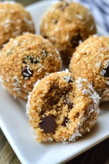 Moose farts recipe results showing perfect golden coconut-coated no-bake treats with chocolate chips on white plate, one cut in half revealing interior texture