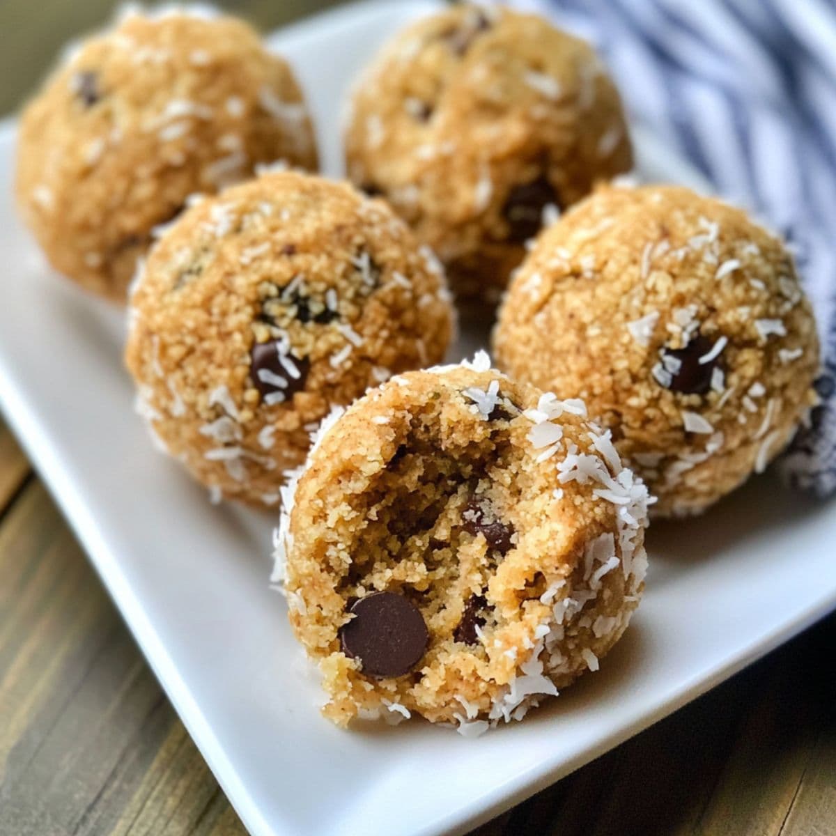 Moose farts recipe results showing perfect golden coconut-coated no-bake treats with chocolate chips on white plate, one cut in half revealing interior texture