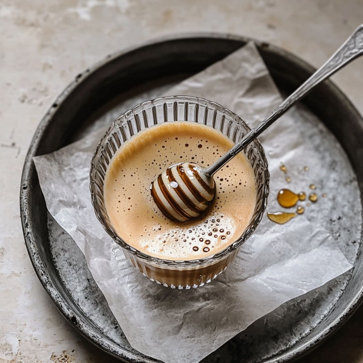 Glass cup showing honey oat milk latte with perfect blonde espresso crema layer over honey syrup base, decorated with honey dipper and foam bubbles on ceramic plate