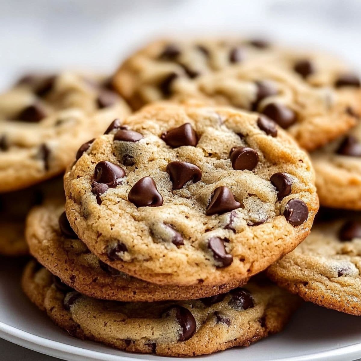 Stack of perfect golden brown chocolate chip cookies on white plate showing ideal texture and chocolate chip distribution, ready for serving