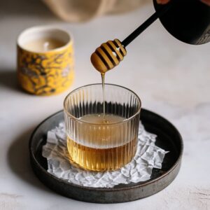 Honey being drizzled from wooden honey dipper into elegant glass cup with layered honey oat milk latte, styled on dark ceramic plate showing the first step of latte preparation