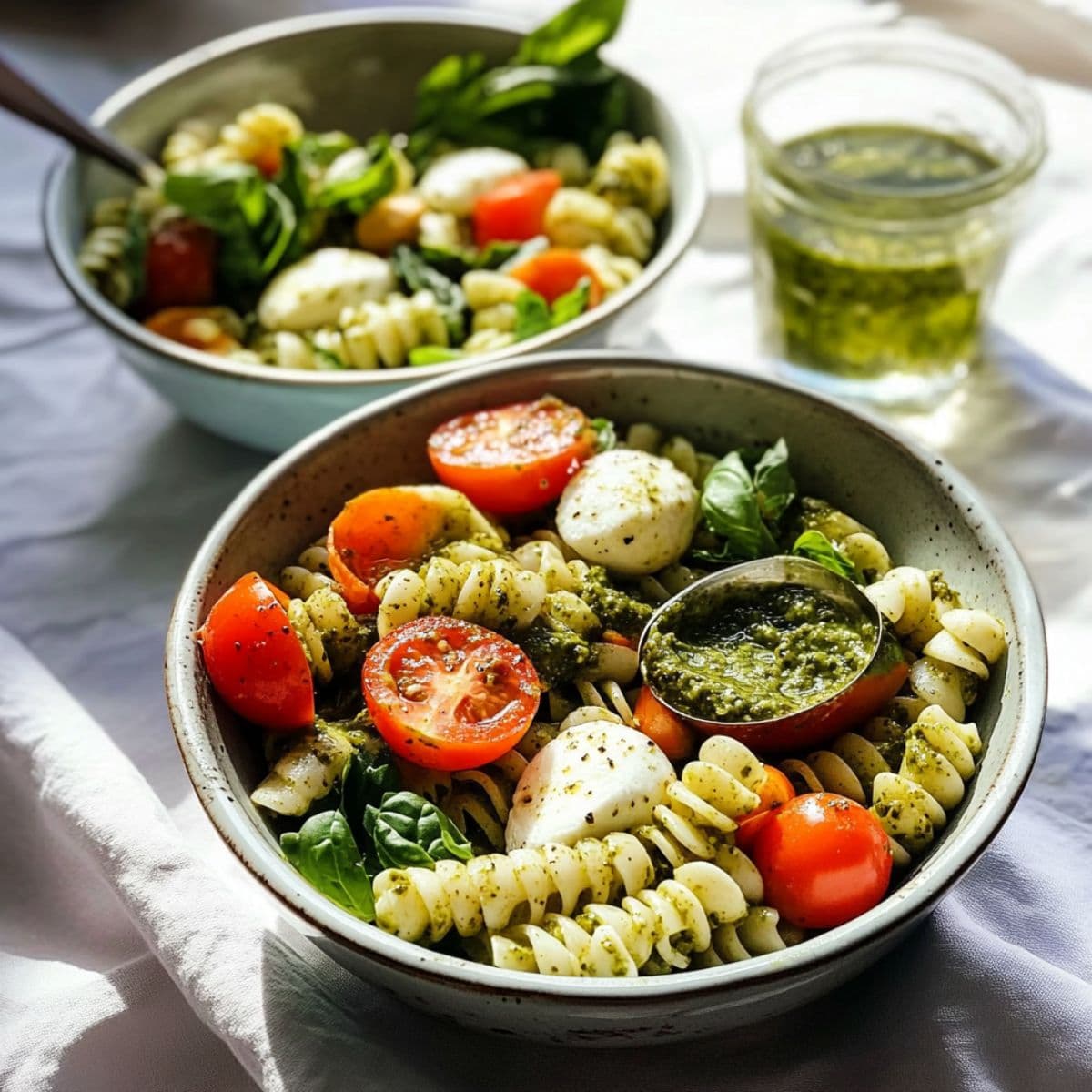 Perfect pesto pasta salad recipe showing vibrant green pesto coated pasta with cherry tomatoes, mozzarella and fresh herbs in rustic bowls with extra pesto sauce