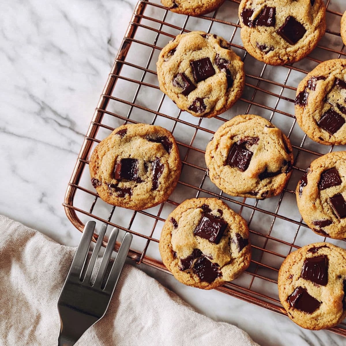 Perfect thick chocolate chip cookies with golden brown edges and melted chocolate chunks cooling on copper wire rack with spatula, showing ideal bakery-style texture