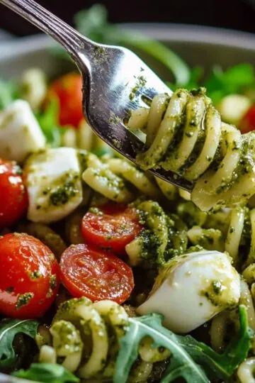 Pesto pasta salad serving showing perfect bite on fork with pesto coated pasta, cherry tomatoes, mozzarella and arugula, demonstrating ideal texture and coating