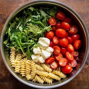Pesto pasta salad assembly process showing cooked pasta, fresh pesto, halved cherry tomatoes, mozzarella bocconcini and arugula leaves in large mixing bowl ready to combine