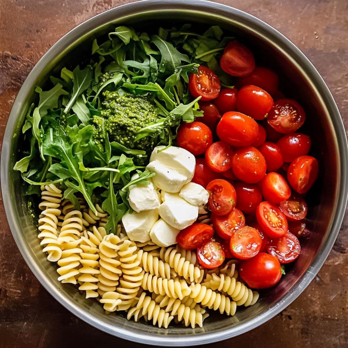 Pesto pasta salad assembly process showing cooked pasta, fresh pesto, halved cherry tomatoes, mozzarella bocconcini and arugula leaves in large mixing bowl ready to combine