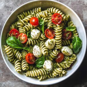 Pesto pasta salad finished dish in white bowl showing perfect pesto coating on pasta with cherry tomatoes, mozzarella balls and fresh basil leaves for beautiful presentation