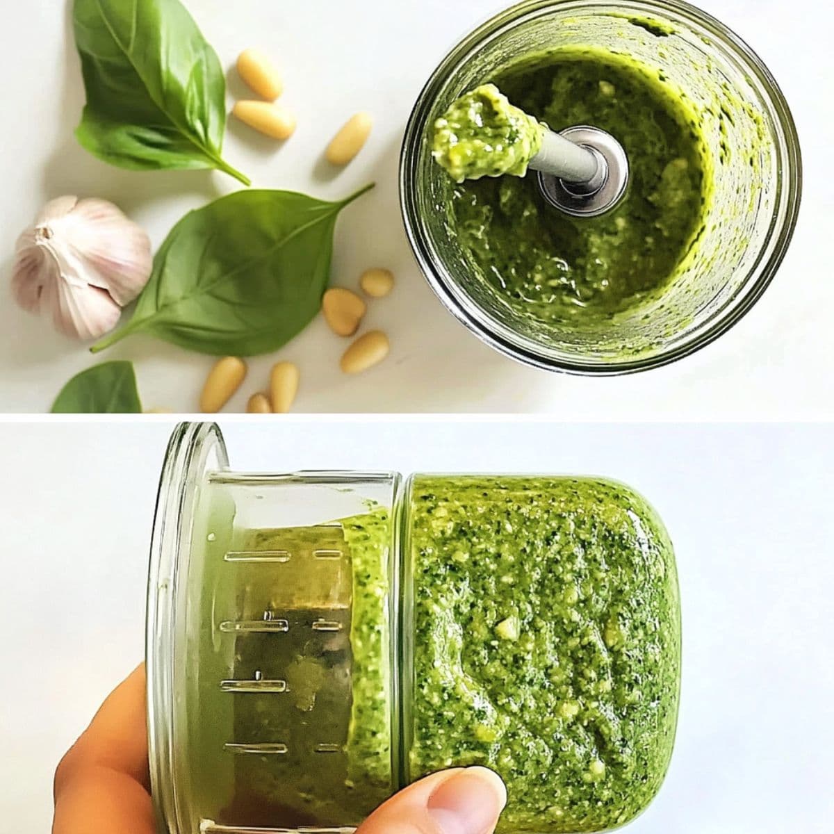 Pesto pasta salad homemade pesto making process showing fresh basil leaves, pine nuts, garlic and blended green pesto in food processor and storage container