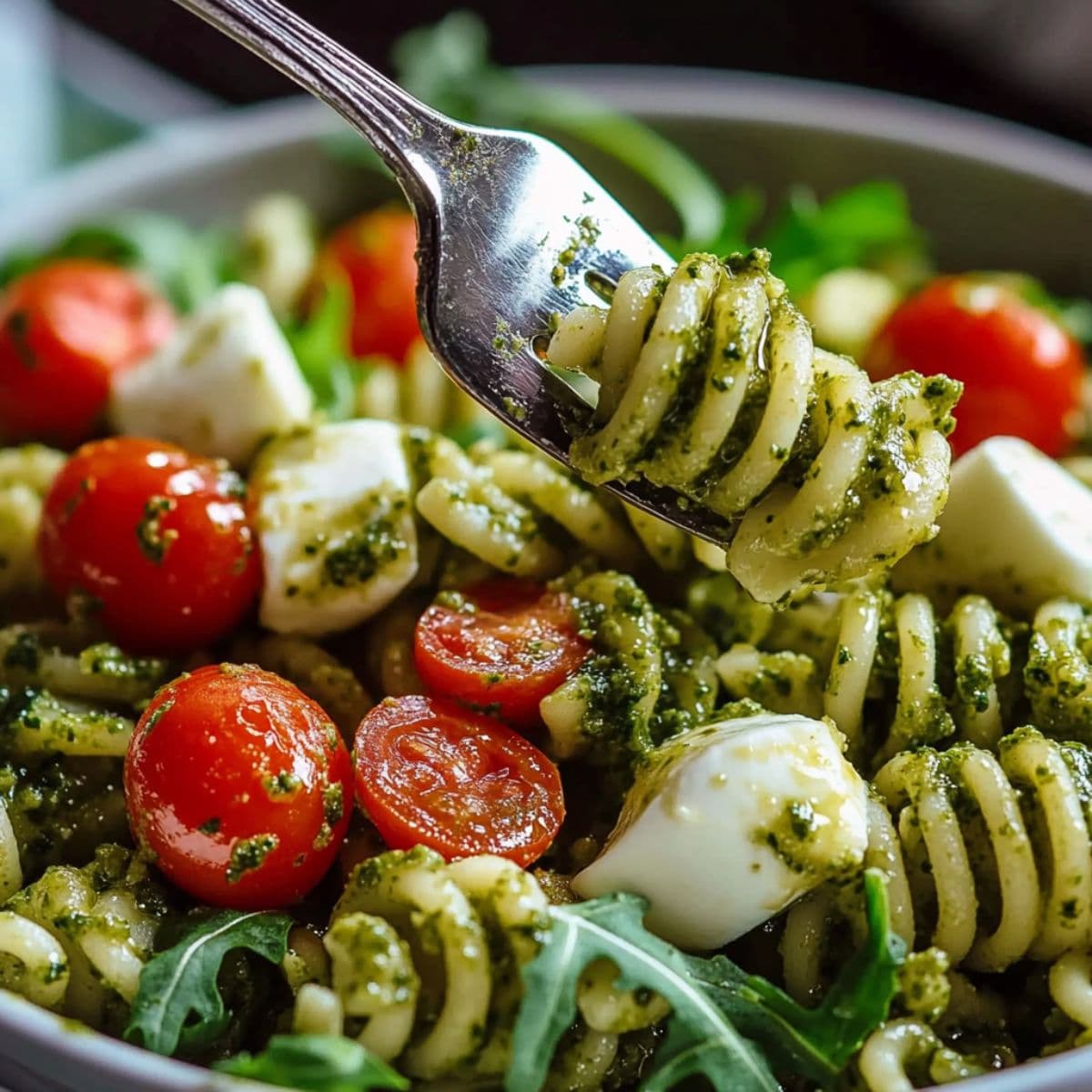 Pesto pasta salad serving showing perfect bite on fork with pesto coated pasta, cherry tomatoes, mozzarella and arugula, demonstrating ideal texture and coating