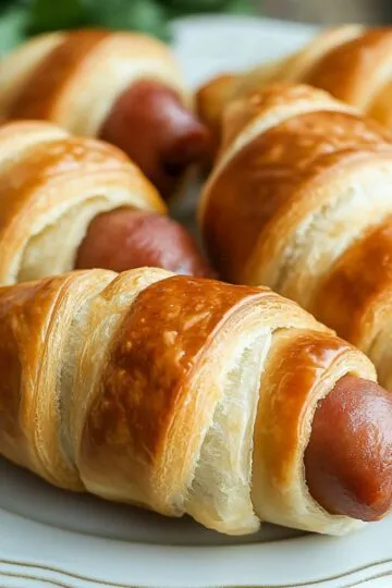 Pigs in a blanket golden brown crescent rolls wrapped around cocktail sausages on white plate
