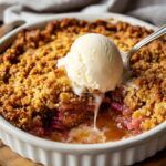 Close-up of a rhubarb crisp topped with melting vanilla ice cream in a white baking dish.