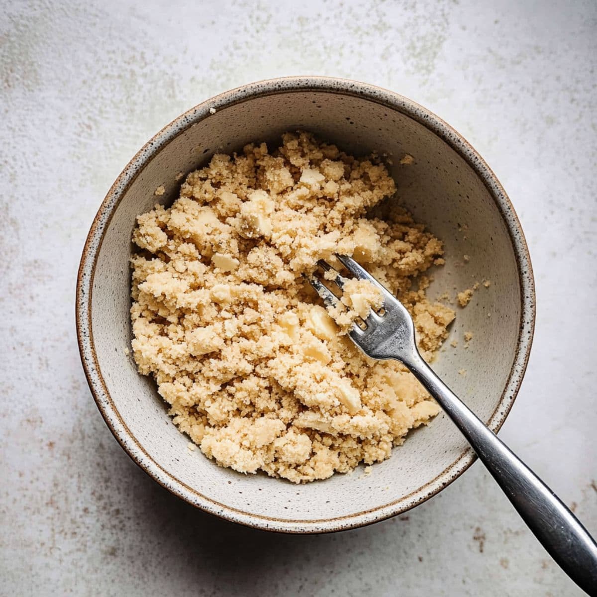 A bowl of crumbly dough mixed with a fork, ready to top a rhubarb crisp dessert.