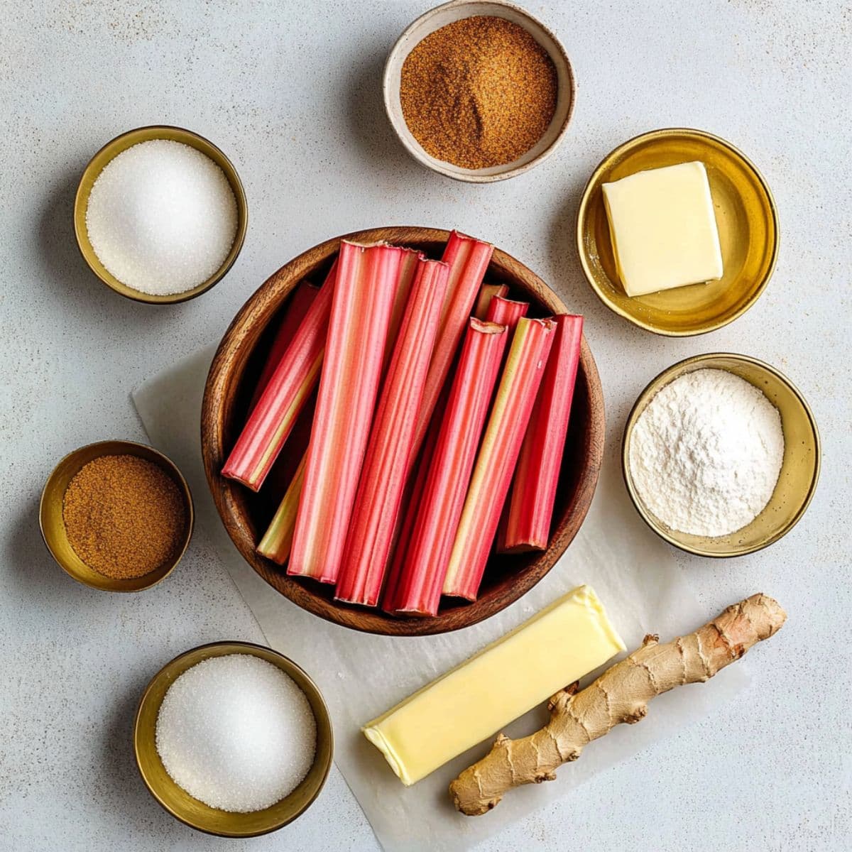 Flatlay of rhubarb stalks, sugar, brown sugar, flour, butter, and ginger on a light kitchen surface.