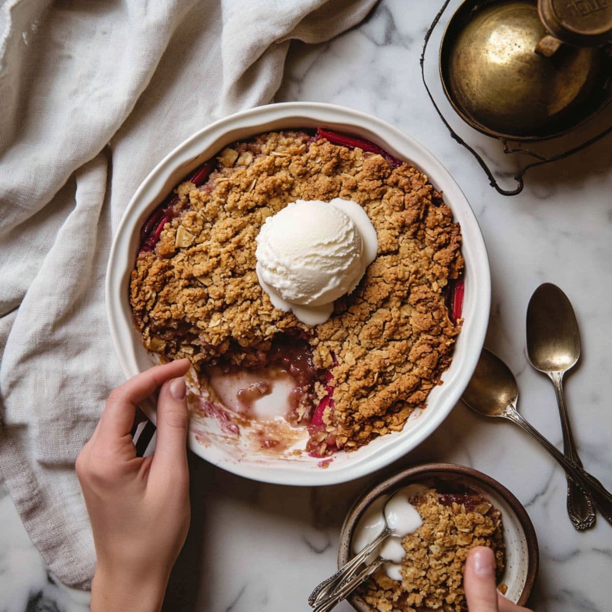 Overhead shot of rhubarb crisp with vanilla ice cream being served, with hands and spoons ready to enjoy.