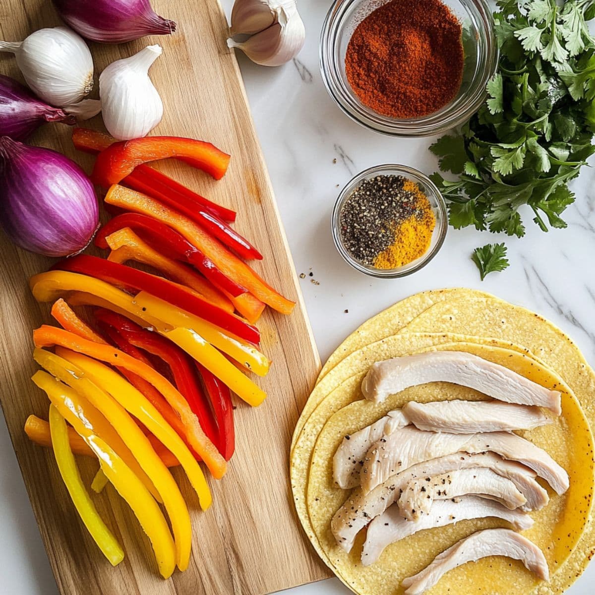 Fresh sliced bell peppers, raw chicken strips, onions, garlic, and spices arranged on a cutting board