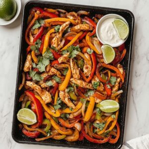 Finished chicken fajitas with colorful peppers, lime wedges, and sour cream on sheet pan