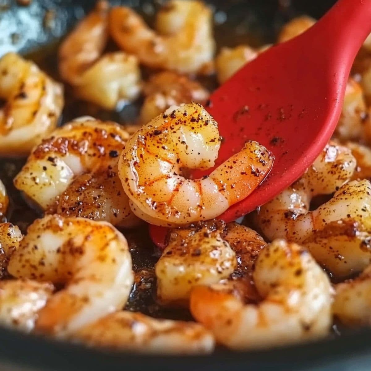 Close-up of shrimp being seared in a pan with red spatula and visible seasoning.