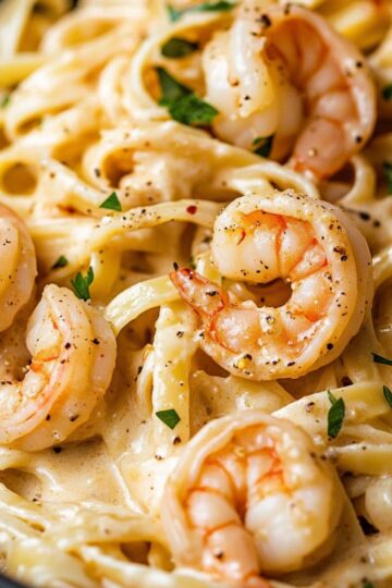 Shrimp Pasta Recipes. Close-up of creamy shrimp pasta with linguine, garnished with parsley and black pepper.