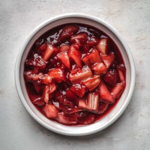 A bowl of simmered rhubarb and apple filling in a vibrant red sauce, ready for rhubarb crisp.