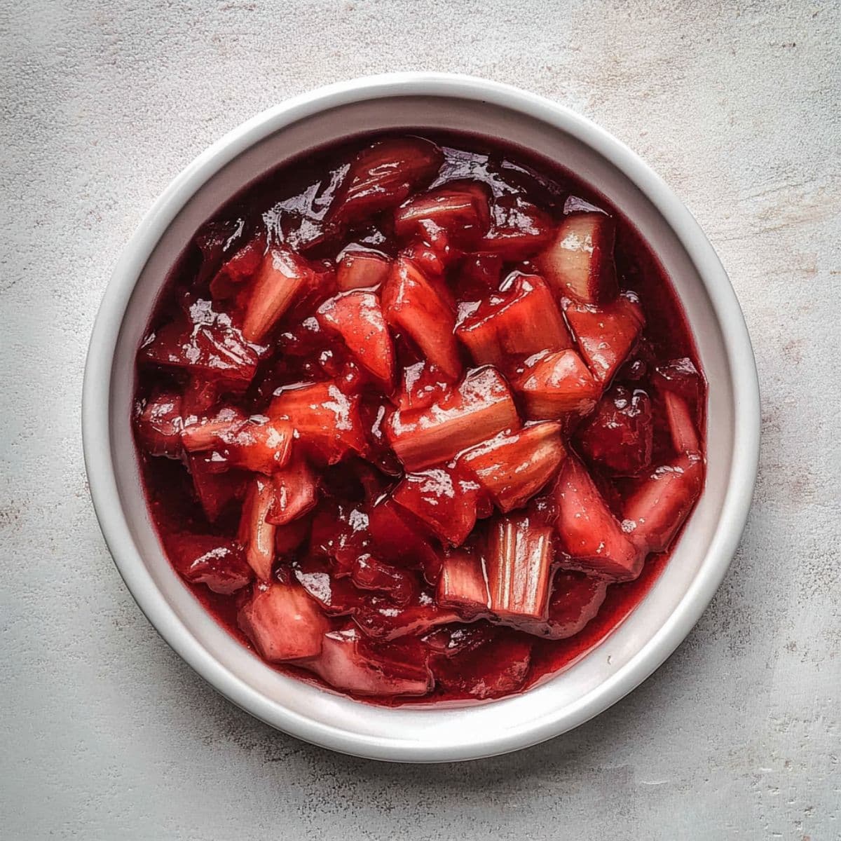 A bowl of simmered rhubarb and apple filling in a vibrant red sauce, ready for rhubarb crisp.