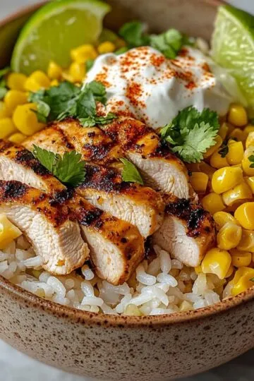 Street corn chicken rice bowl featuring golden seasoned chicken slices, bright yellow corn kernels, fluffy white rice, creamy dressing, fresh cilantro, and lime wedges in rustic ceramic bowl