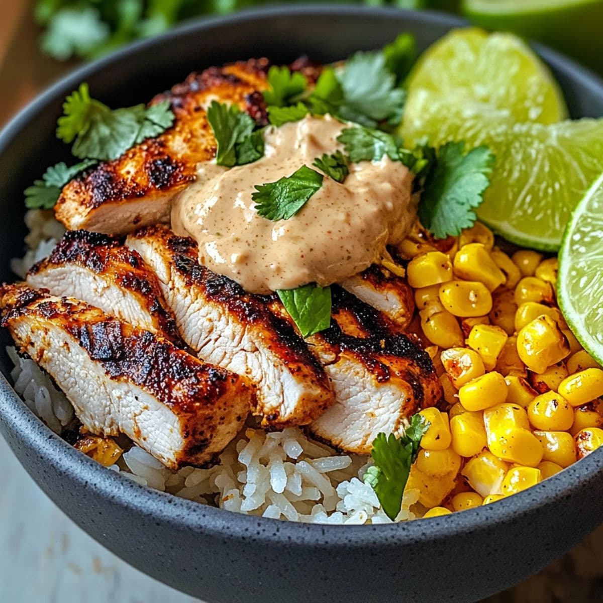 Street corn chicken rice bowl close-up showing perfectly grilled chicken with golden char marks, seasoned corn kernels, white rice, creamy paprika-spiced dressing, and fresh lime in dark bowl
