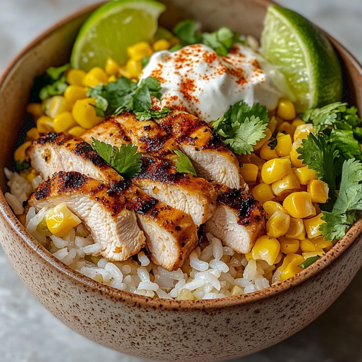 Street corn chicken rice bowl featuring golden seasoned chicken slices, bright yellow corn kernels, fluffy white rice, creamy dressing, fresh cilantro, and lime wedges in rustic ceramic bowl