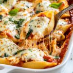 Stuffed shells recipe showing melted mozzarella cheese stretching from fork over ricotta and spinach filled pasta shells with marinara sauce