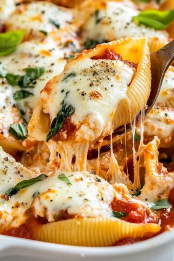 Stuffed shells recipe showing melted mozzarella cheese stretching from fork over ricotta and spinach filled pasta shells with marinara sauce