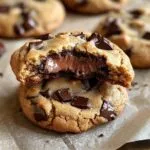 Stack of thick, gooey chocolate chip cookies with melted chocolate oozing out, showing perfect chewy texture with chocolate chunks visible throughout