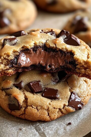 Stack of thick, gooey chocolate chip cookies with melted chocolate oozing out, showing perfect chewy texture with chocolate chunks visible throughout