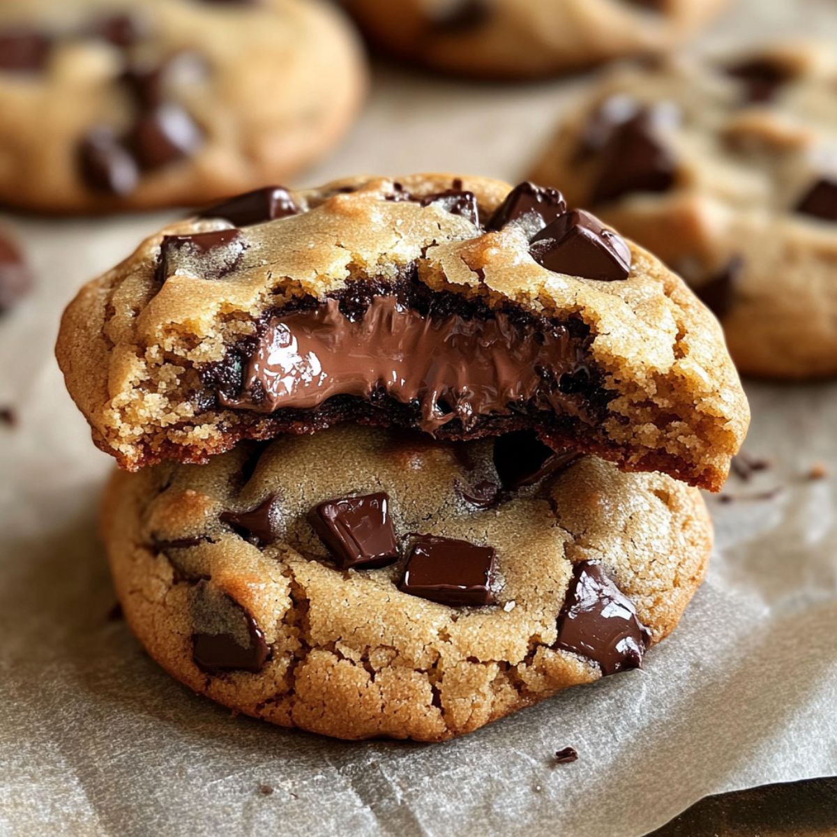 Stack of thick, gooey chocolate chip cookies with melted chocolate oozing out, showing perfect chewy texture with chocolate chunks visible throughout