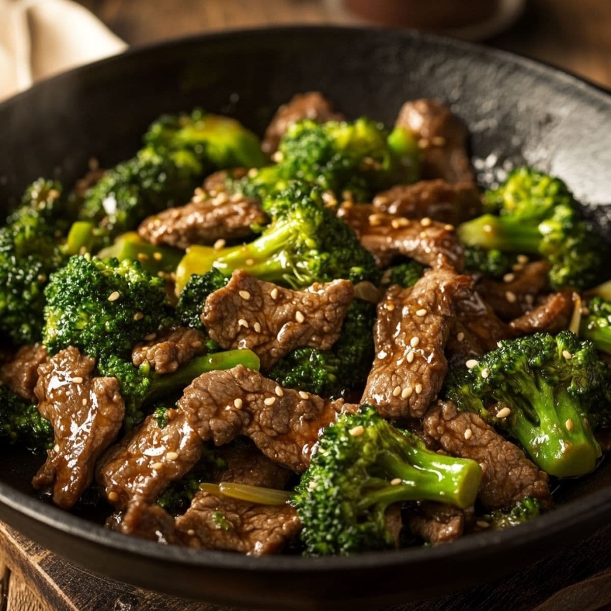 Rustic cast iron skillet filled with stir-fried beef and broccoli topped with sesame seeds on a wooden table.