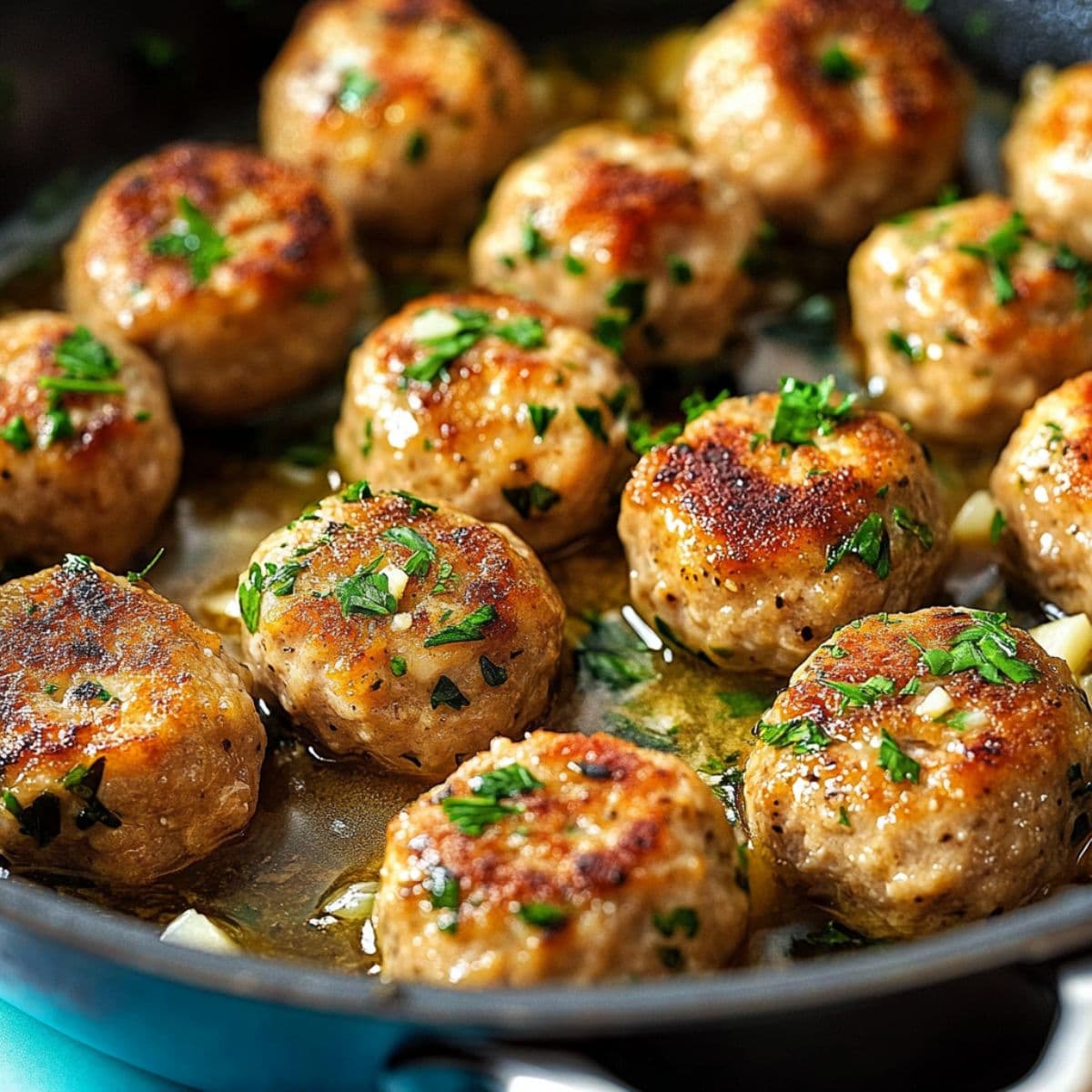 Chicken meatballs recipe featuring perfectly baked golden meatballs with fresh herbs and marinara dipping sauce on white plate
