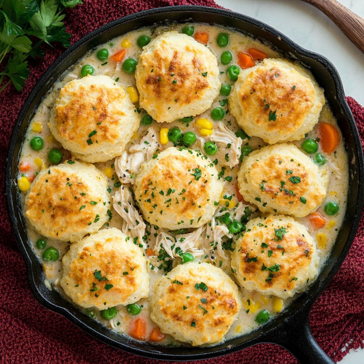 Overhead view of homemade chicken pot pie with golden buttermilk biscuits arranged on top of creamy filling with visible shredded chicken, green peas, diced carrots, and fresh parsley in round cast iron pan