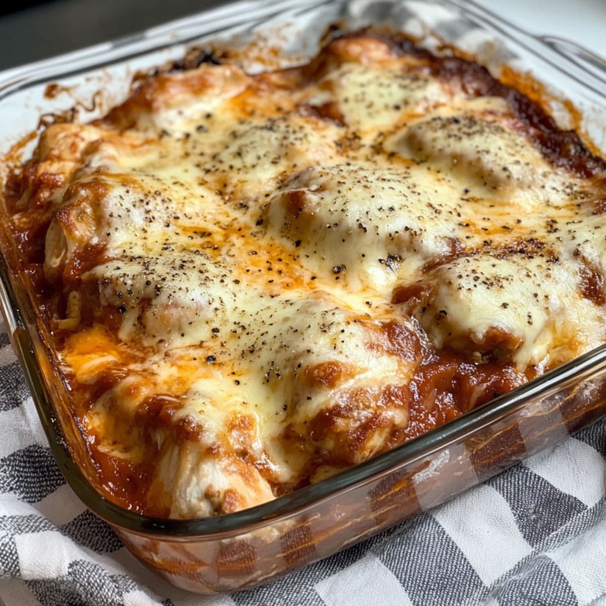 Golden french onion chicken casserole with melted gruyere cheese and caramelized onions in glass baking dish on checkered kitchen towel