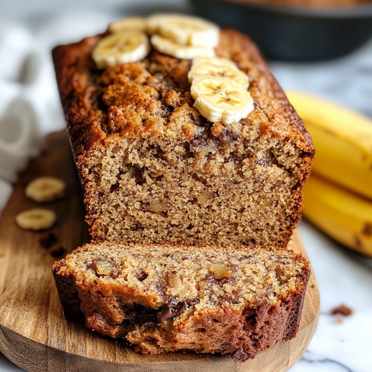 Healthy banana bread recipe showing moist sliced loaf with walnuts, oat streusel topping and fresh banana slices on wooden cutting board