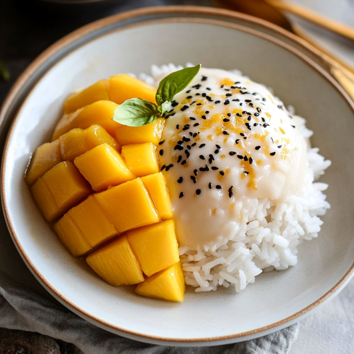 Mango sticky rice plated elegantly with perfectly sliced mango, coconut sticky rice, black sesame seeds and mint garnish on white ceramic plate