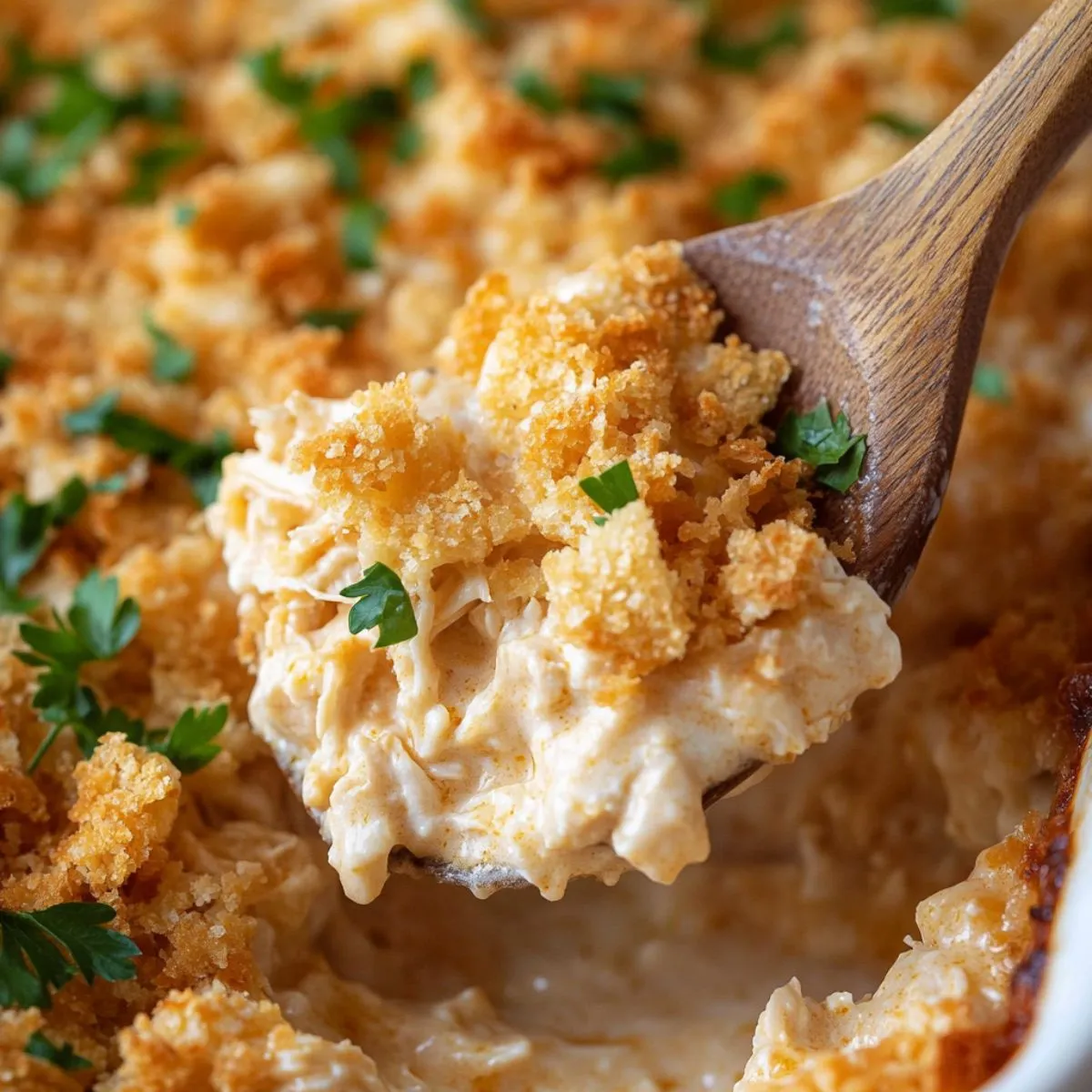 Million dollar chicken recipe showing creamy sauce and tender chicken with golden buttery cracker topping on wooden spoon
