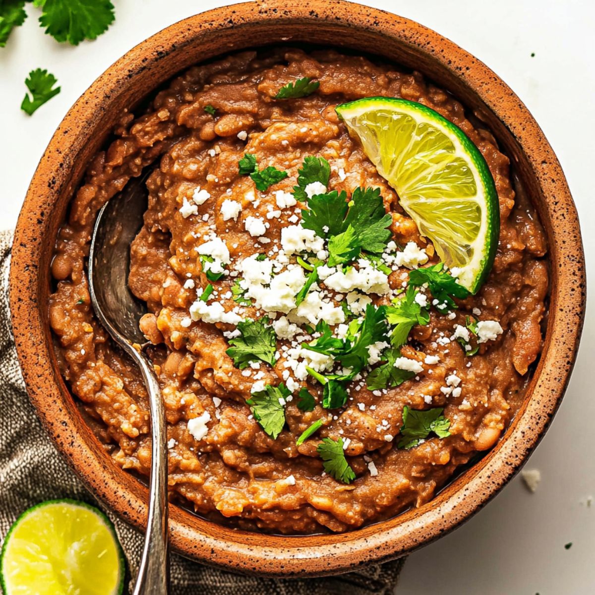 Refried beans recipe in traditional Mexican clay bowl garnished with fresh lime wedge, cilantro and cotija cheese showing authentic presentation