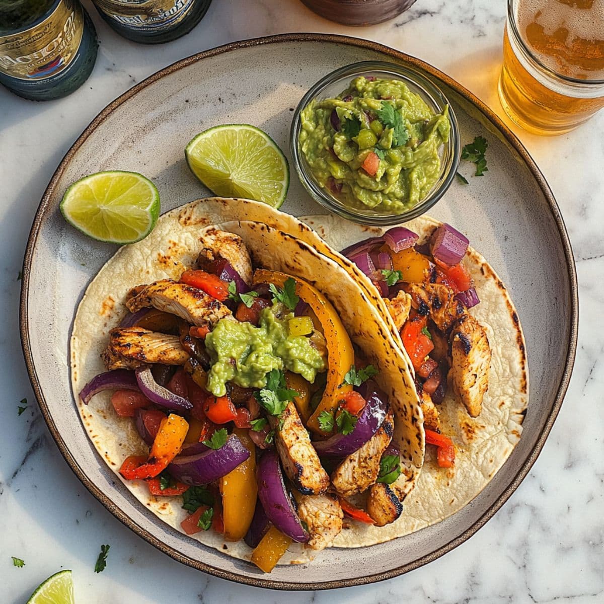 Taco-style chicken fajitas served with guacamole and lime on a ceramic plate