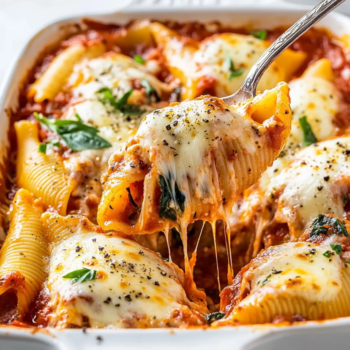 Stuffed shells with ricotta and spinach showing cheese pull from spoon over golden baked pasta shells in glass baking dish with marinara sauce