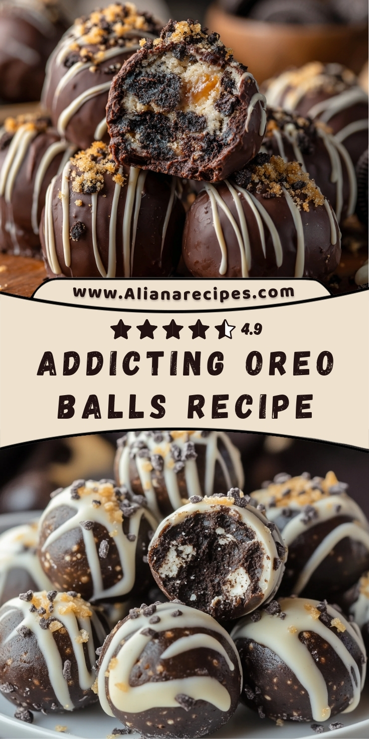 Oreo balls recipe showing chocolate-covered cream cheese truffles with white chocolate drizzle and cookie crumbs