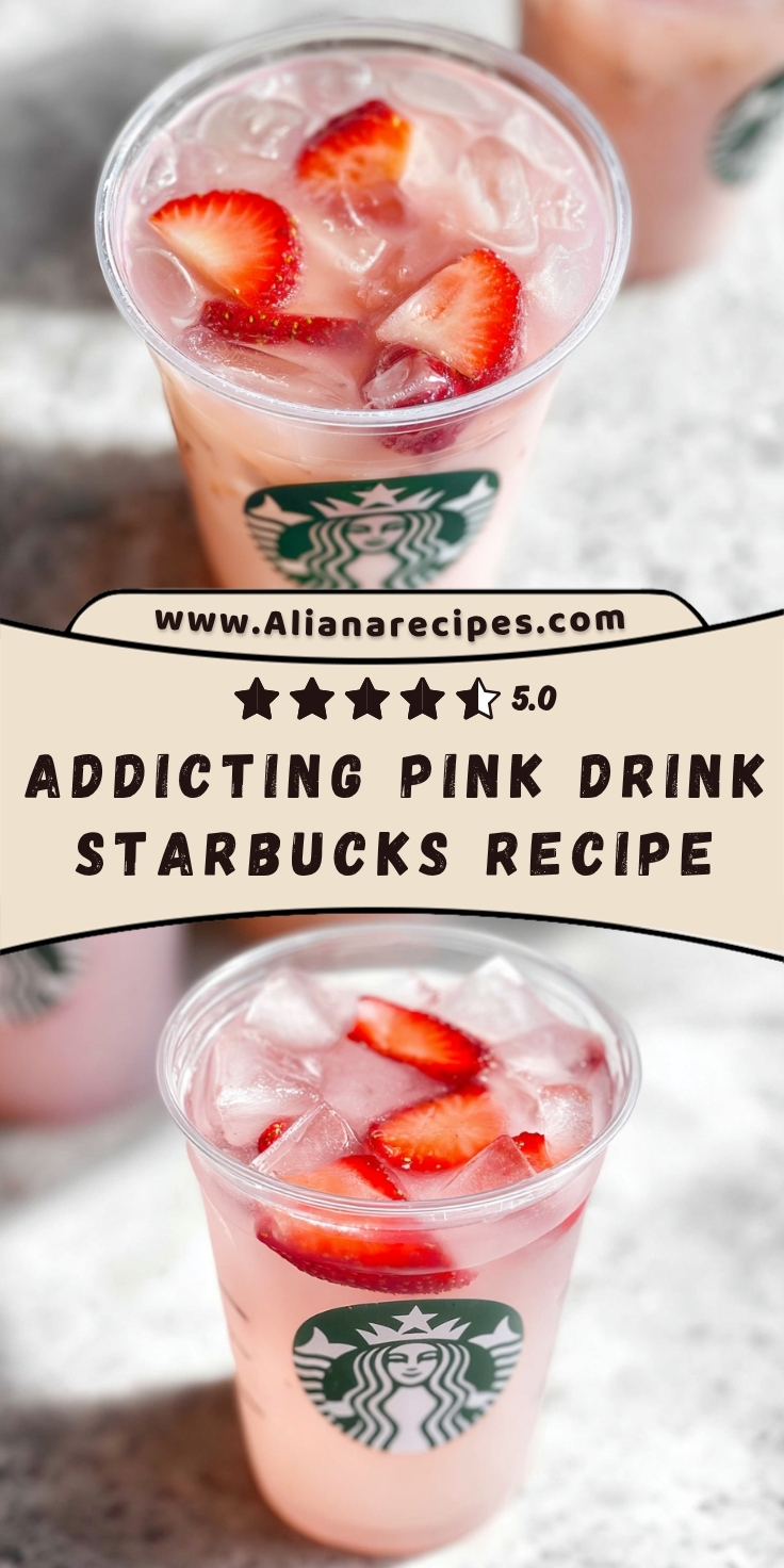 Pink drink starbucks recipe with fresh strawberry pieces floating in creamy coconut milk