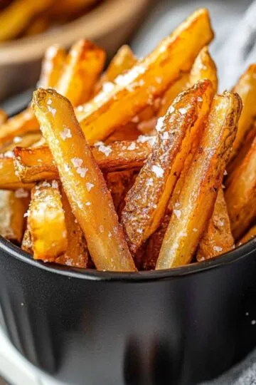 Air fryer french fries golden crispy homemade recipe with perfect texture and sea salt