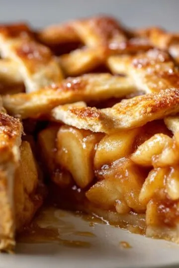 Golden apple pie slice with flaky crust and tender spiced apple filling