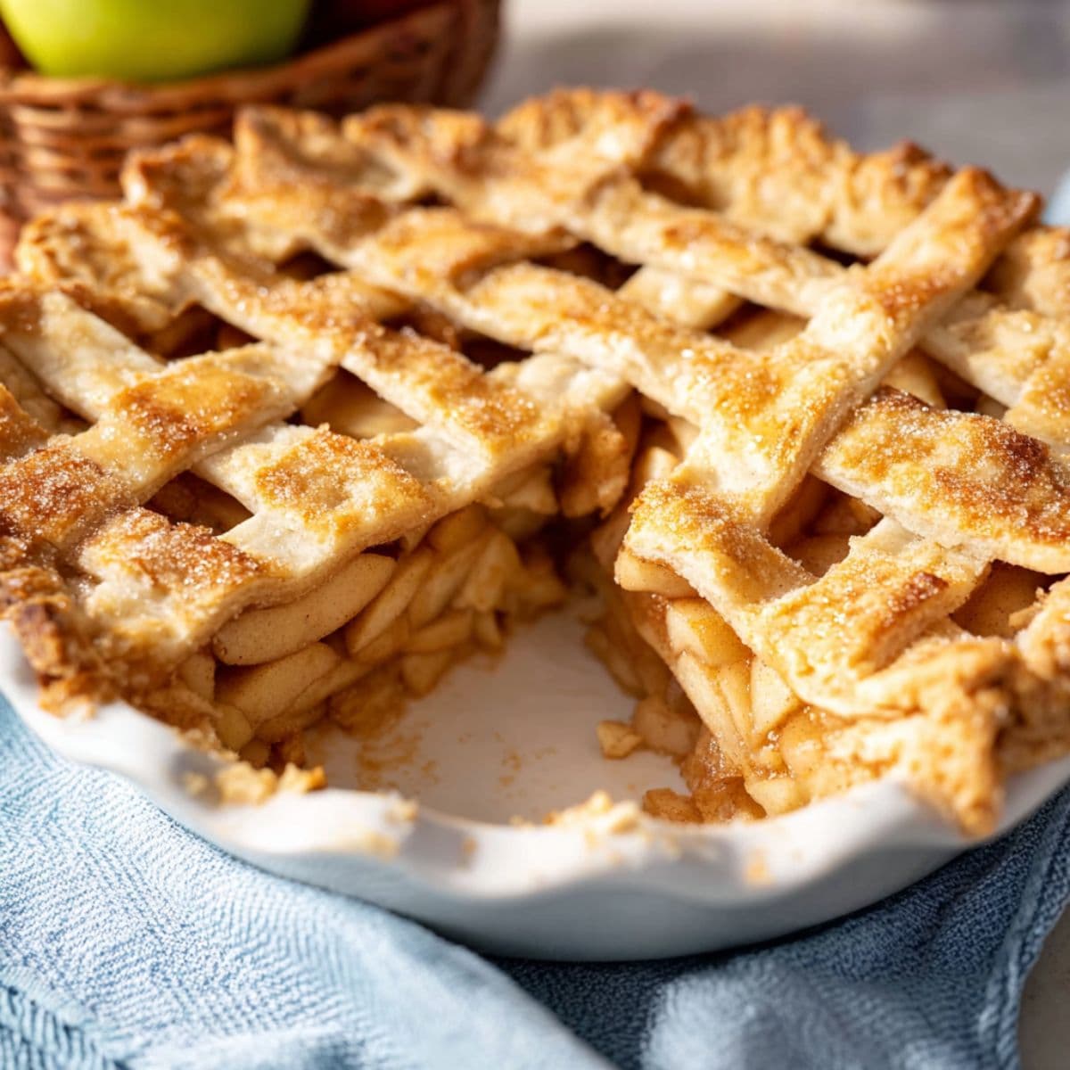 Lattice crust apple pie sliced showing golden crust and apple filling